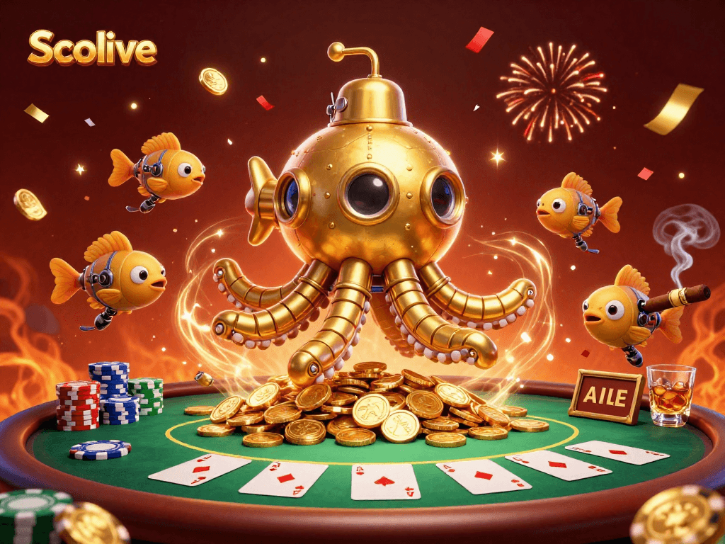 Socolive showcases thrilling poker action with a golden kraken submarine and coins.