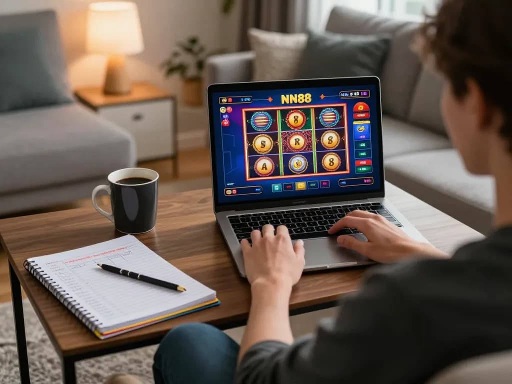 Player enjoying a gaming session at NN88 on a laptop, showcasing an engaging online casino experience.