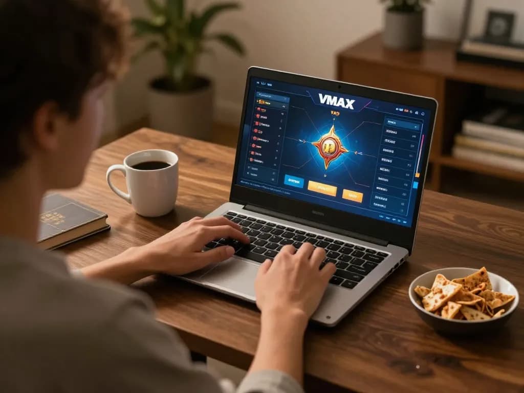 Engaging in online gambling at Vmax trang chủ from home with a cozy setup and laptop.