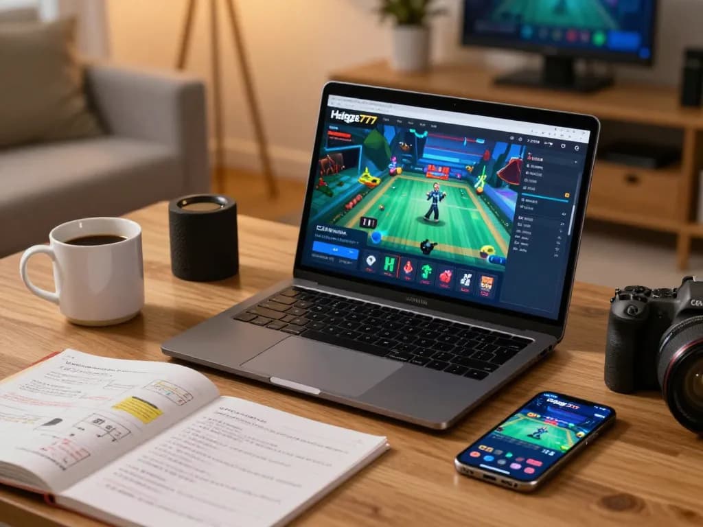 Permainan menarik di platform Higgs777 ditampilkan di laptop dan smartphone dikelilingi oleh elemen rumah yang nyaman.