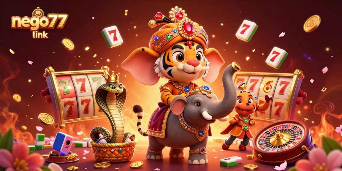 Engage with the exciting nego77 link, as a tiger and elephant present thrilling casino elements and vibrant energy.