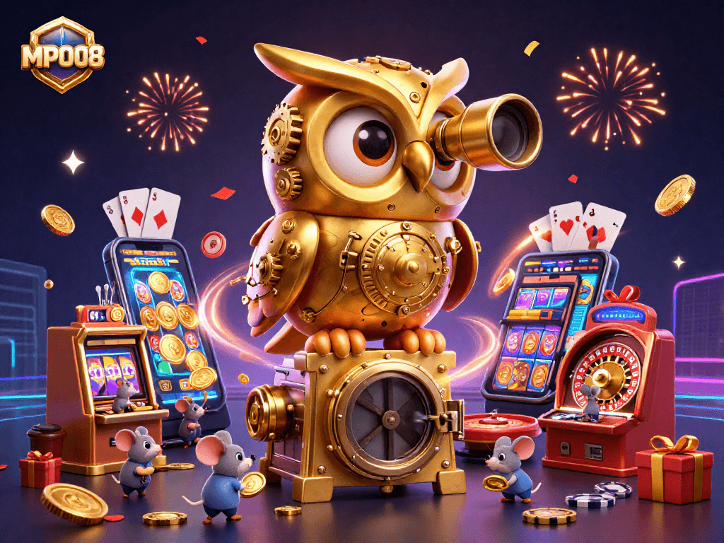 MPO08 players engaging with a vibrant slot game surrounded by festive casino elements.