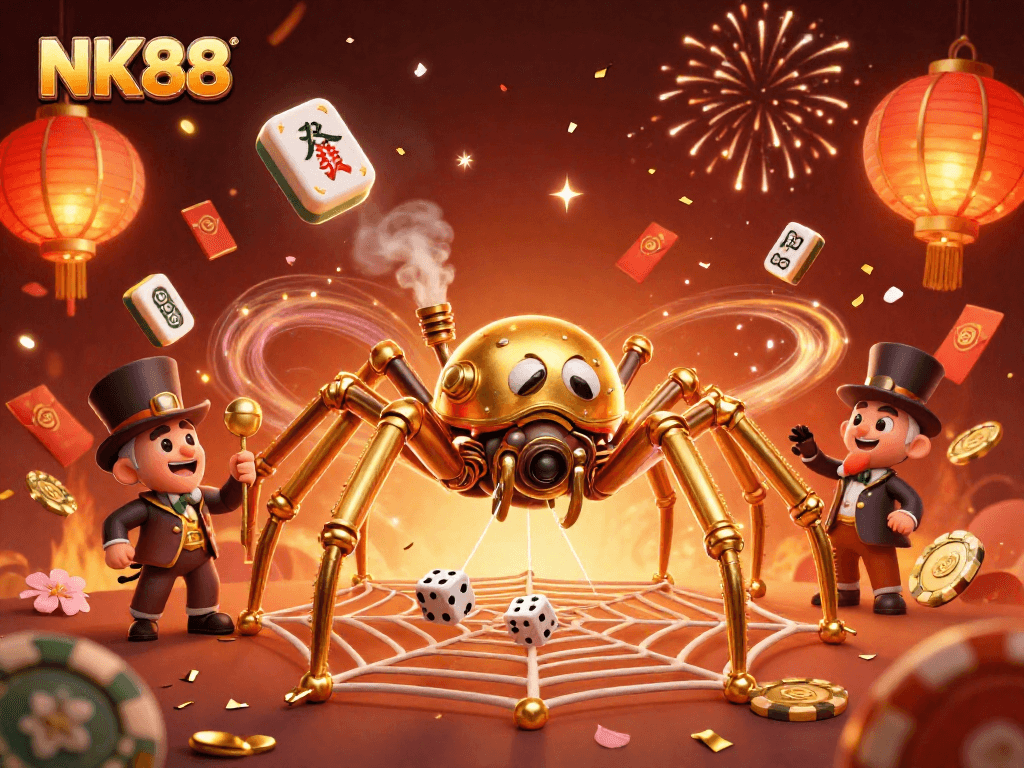 Experience winning at NK88 with a vibrant 3D steampunk scene depicting a golden spider and amusing fly gentleman.