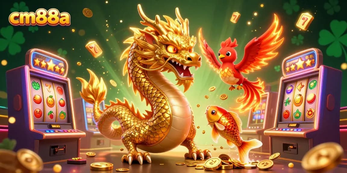 Experience the thrill with cm88a's fierce dragon and koi fish amidst dynamic slot game elements.
