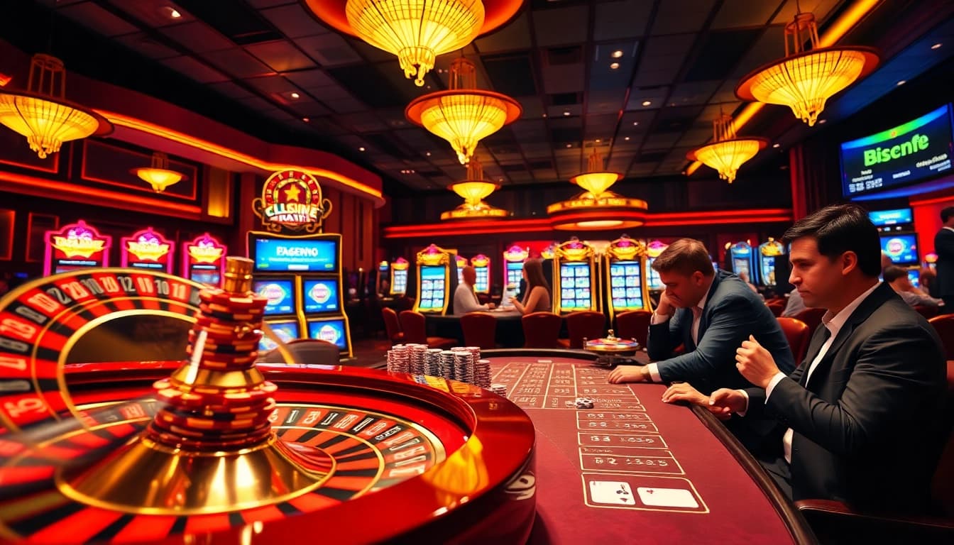 Experience excitement at luck8 with players enjoying poker and roulette in a luxurious casino.