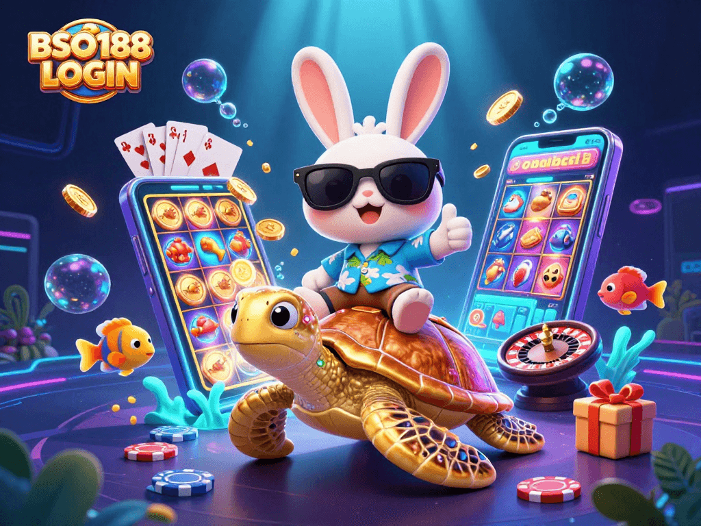 Experience the thrill of BSO188 LOGIN with our colorful casino-themed illustration featuring a lucky rabbit and golden sea turtle.