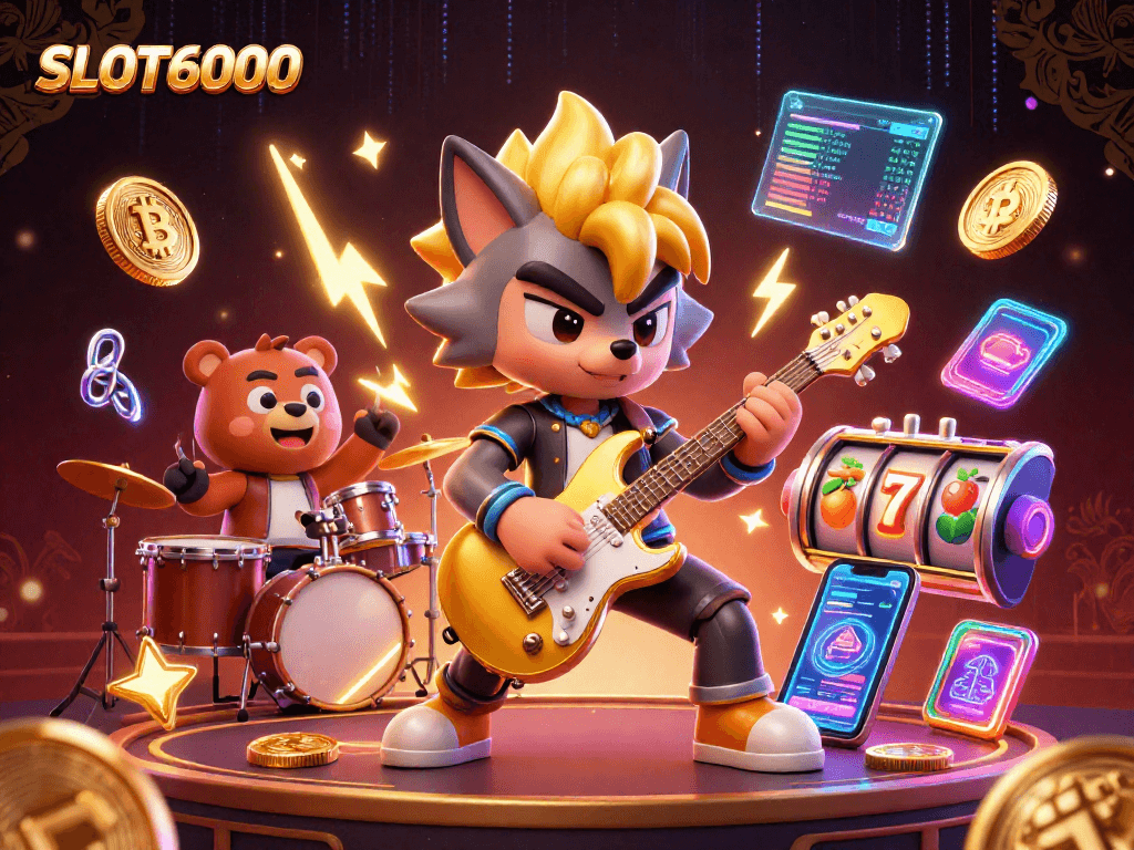 SLOT6000 showcases a rock star wolf and drummer bear on stage with slot reels and crypto coins.