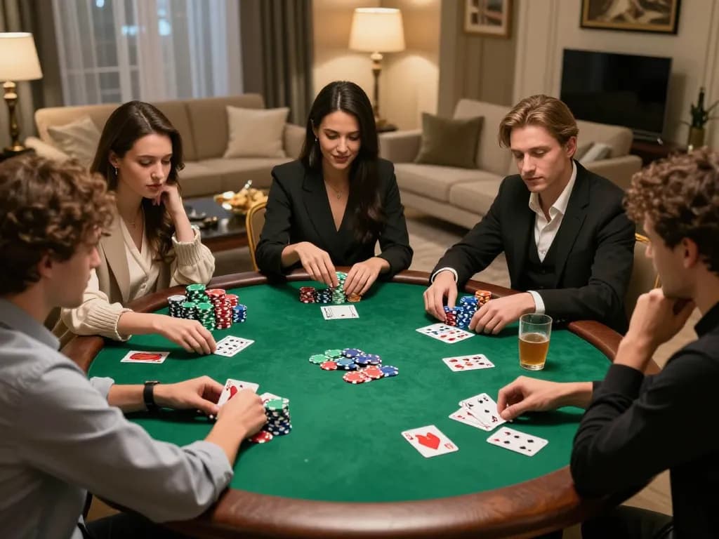 Friends enjoy an intense poker night at home with MM88, showcasing strategic gameplay.