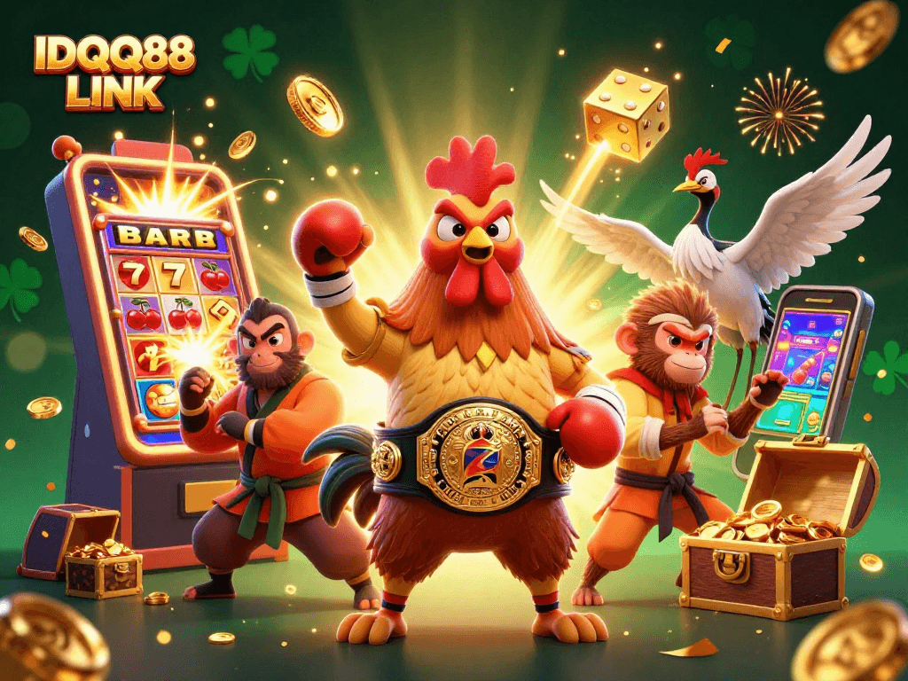 Experience the thrill of IDQQ88 LINK with vibrant 3D characters and casino elements in a dynamic scene.