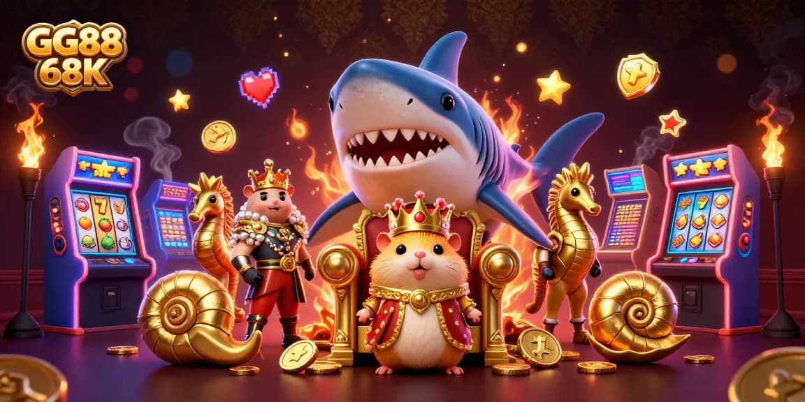 Experience GG88 68K in this thrilling casino-themed illustration, showcasing vibrant slot machines and regal gaming royalty.