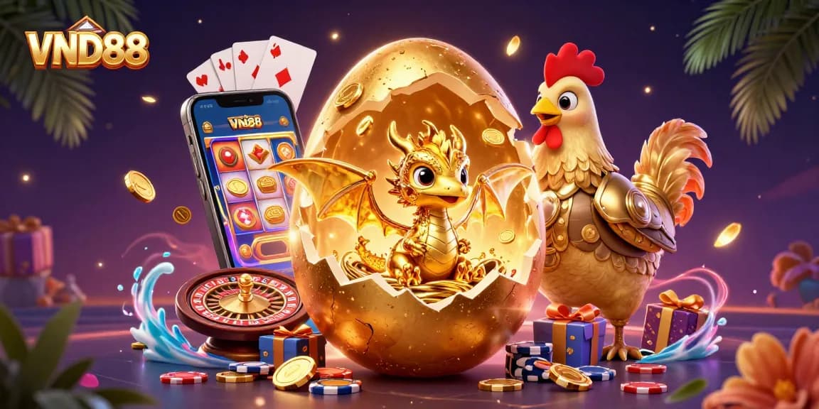 Experience VND88 excitement with a golden dragon in a rich, vibrant casino scene full of games.