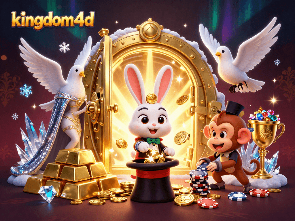 Kingdom4d menghadirkan ilustrasi kasino dengan karakter menarik dan elemen berkilau di latar belakang.