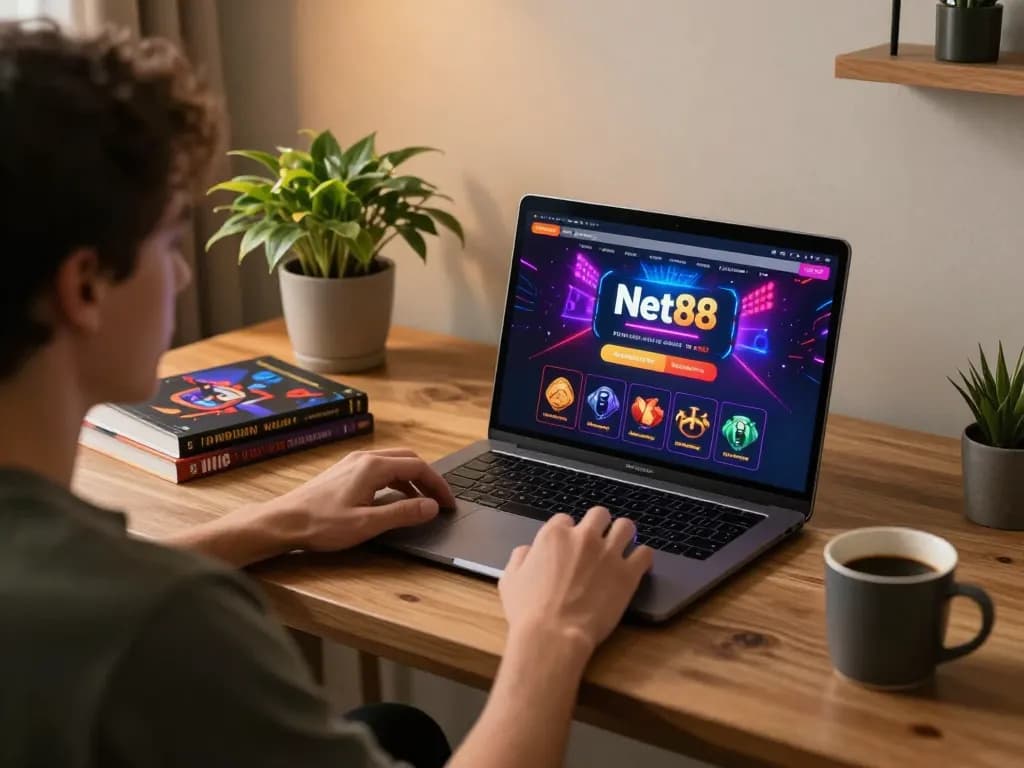 Player engaging with Net88 live casino game on laptop in cozy home office setting.