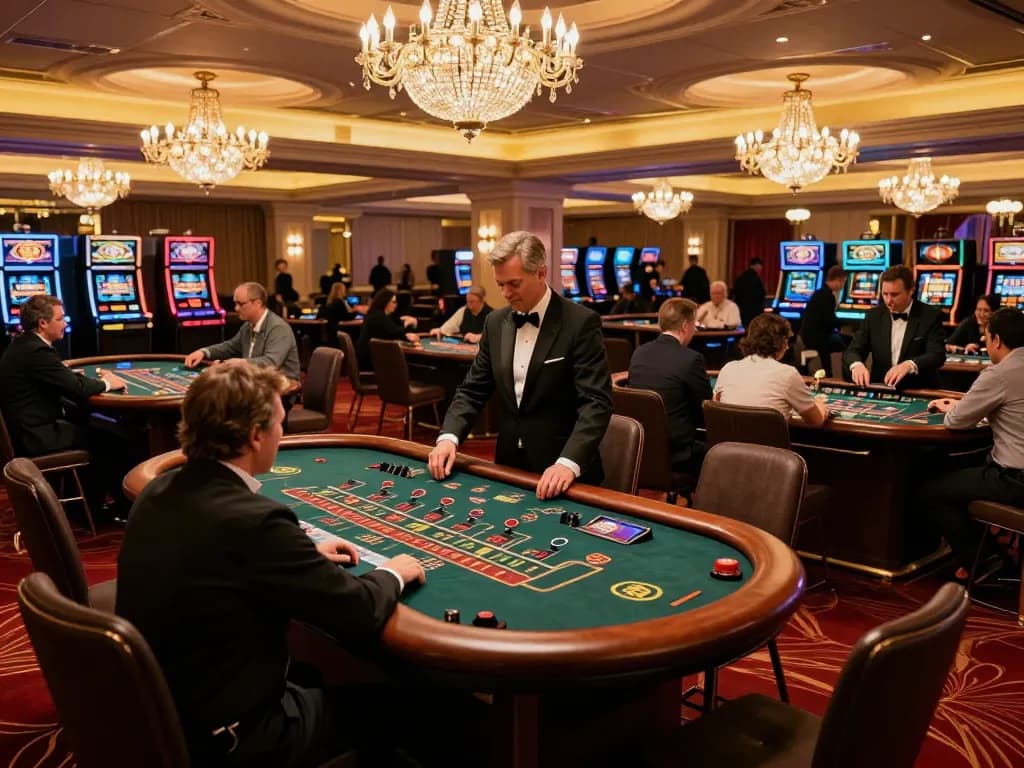 98win players enjoying a high-stakes blackjack game at an upscale casino with vibrant lighting and engaged dealers.