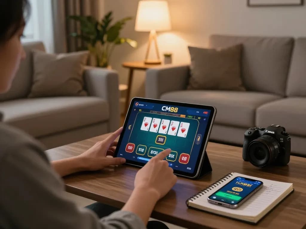 Player engaging in online poker on CM88 app, showcasing a cozy home gaming environment
