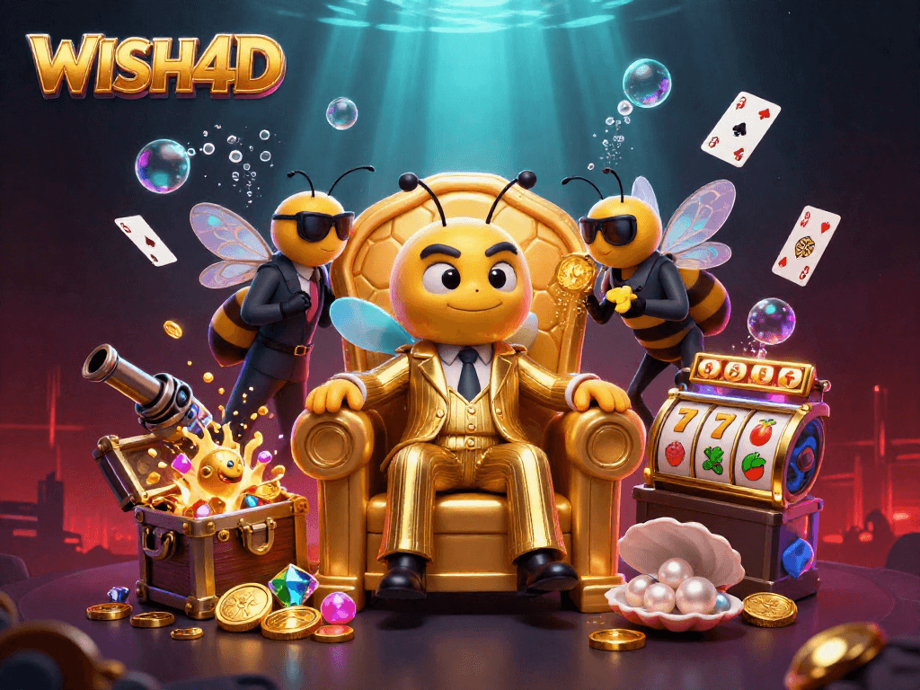 Engage with WISH4D in this vibrant 3D cartoon illustration showcasing a bumblebee mob boss and casino elements for immersive gaming fun.
