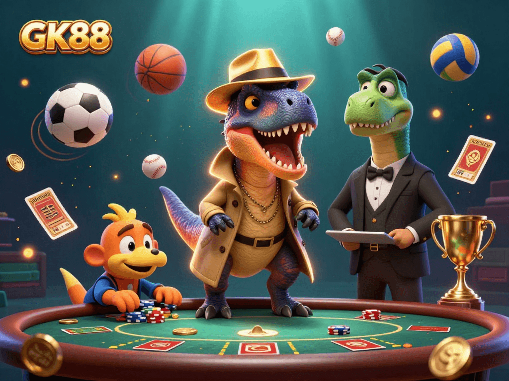 GK88 depicts a clever velociraptor card counter at a blackjack table, adding excitement to online gambling.