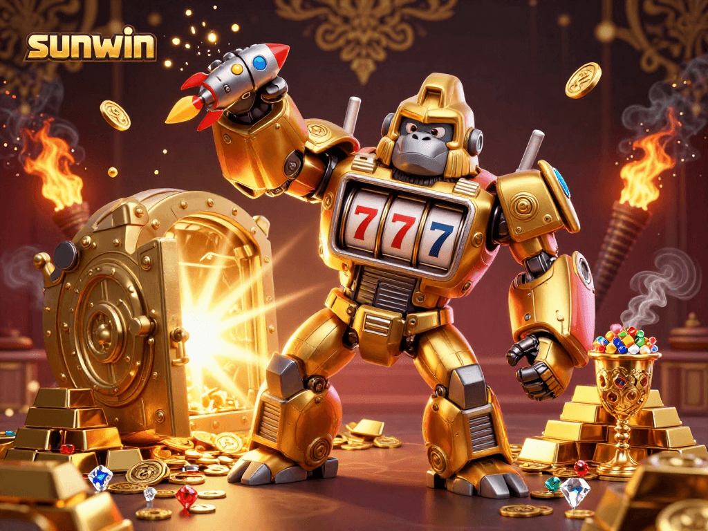 Experience thrilling jackpots with sunwin's 3D golden gorilla mech bursting with coins!