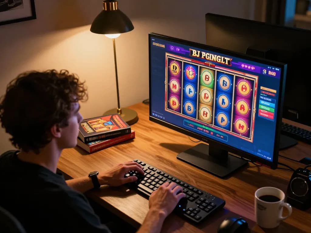 Person engaged in thrilling slot gameplay on their computer, surrounded by strategic notes and cozy lighting