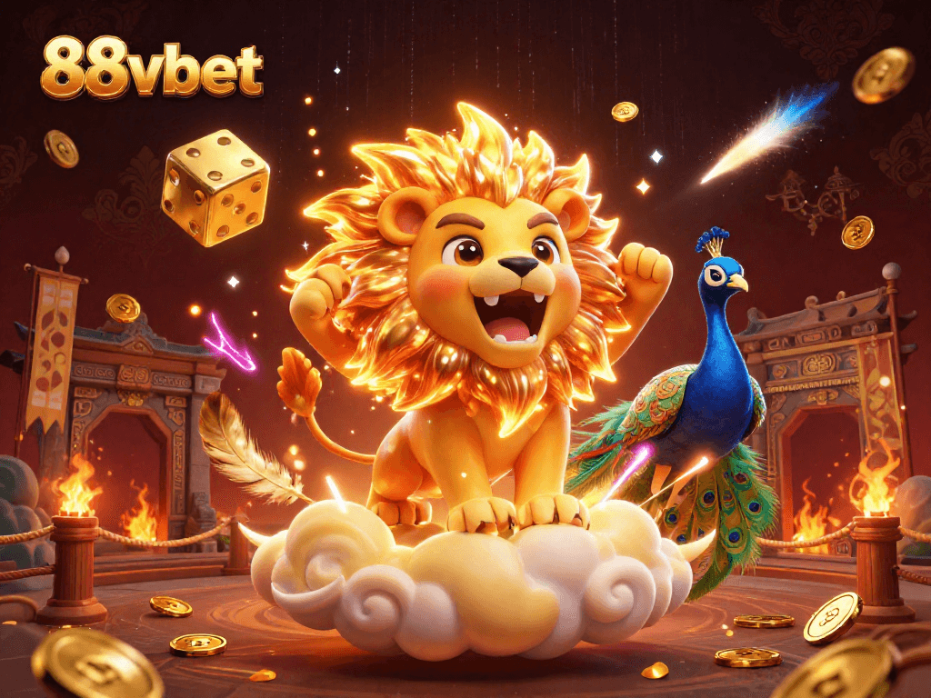 Win big with 88vbet in a vibrant 3D casino scene featuring a roaring lion and golden dice.