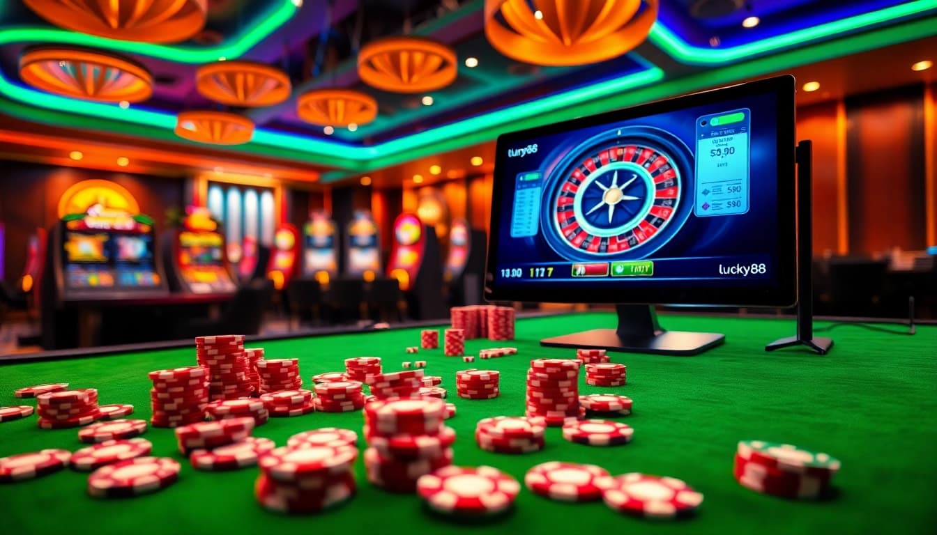 Engage with the exciting gaming experience on the homepage of trang chủ lucky88 showcasing casino tables and vibrant slot machines.