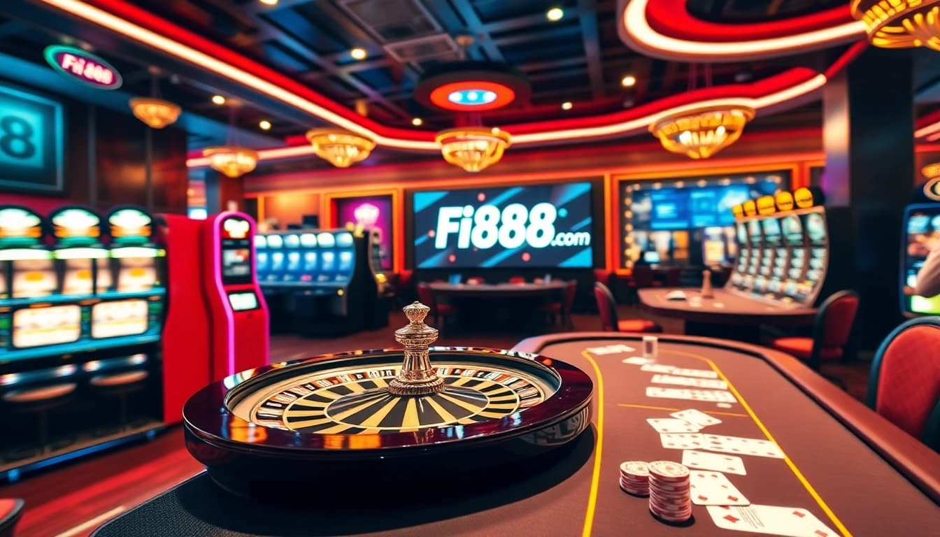 Engaging virtual casino scene at Fi88.com with exciting slot machines and poker tables.