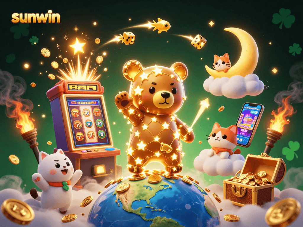 Sunwin showcases an ultra-detailed 3D illustration featuring vibrant casino elements and playful characters.