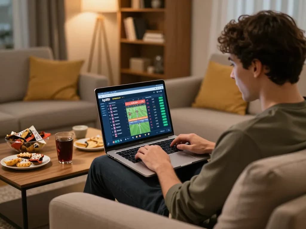 Engaged user exploring kp88s betting options on a laptop in a cozy living room setting