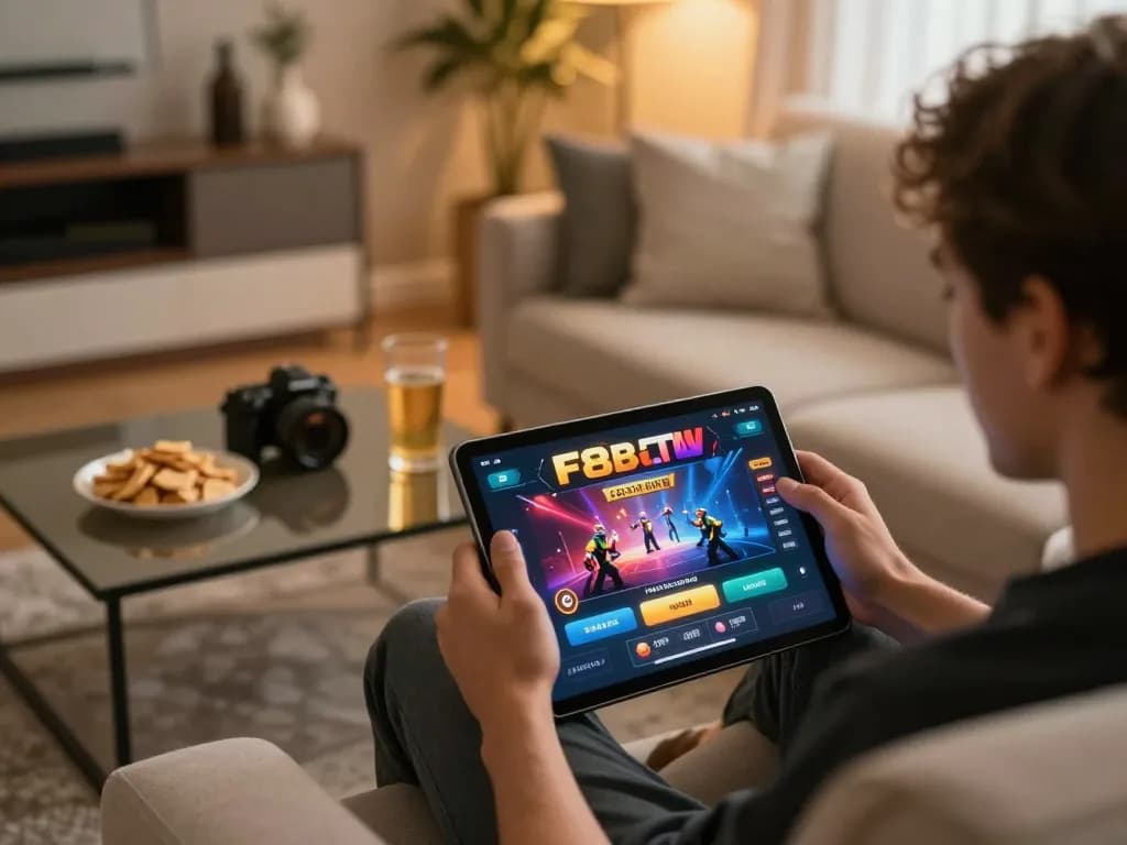 Engaging with F8bet casino app on a tablet in a cozy home setting.