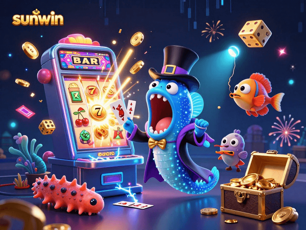 Experience the excitement of sunwin with this vibrant 3D illustration showcasing casino magic and deep-sea adventures.