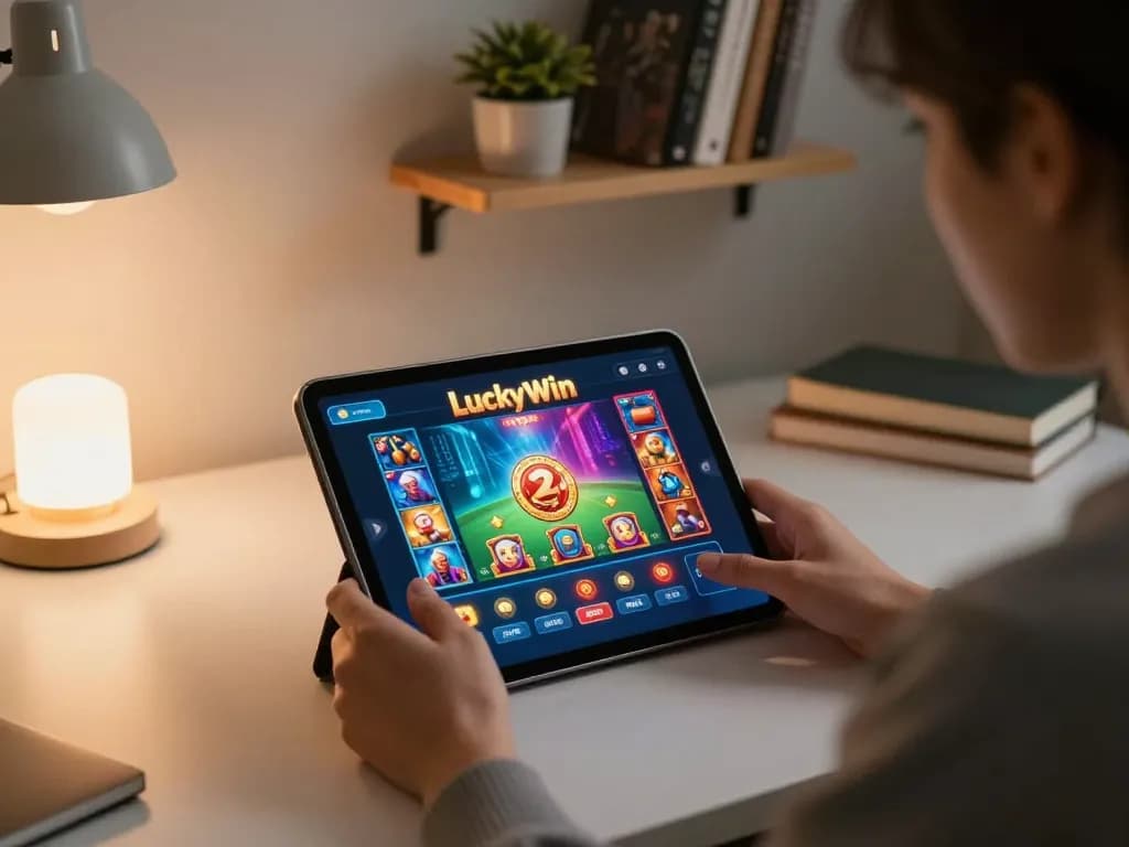 Player engaging with LuckyWin app on tablet during a cozy home gaming session, showcasing responsible gaming.