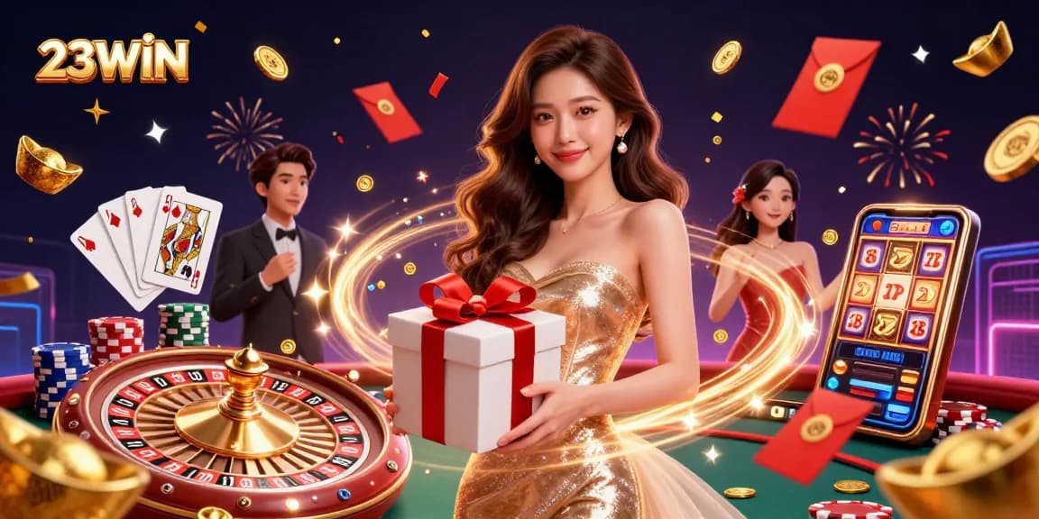 Experience the excitement of 23WIN casino with a beautiful Asian woman celebrating in a dynamic Lunar New Year scene.