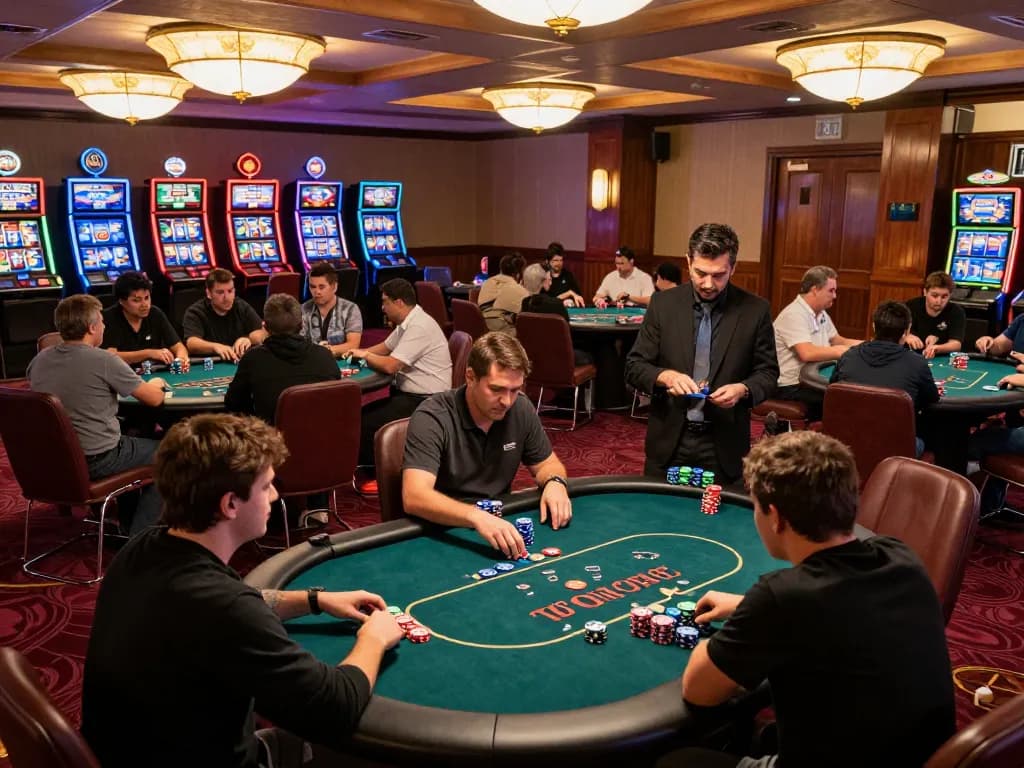 Players engaging in strategic gameplay at Bet88's casino floor, surrounded by vibrant lights and chips