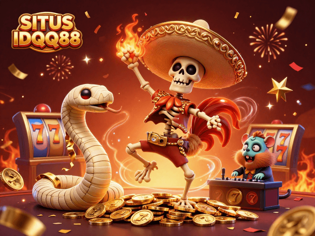 SITUS IDQQ88 showcases a vibrant 3D illustration of a mariachi rooster celebrating a casino jackpot amidst vibrant slot reels.