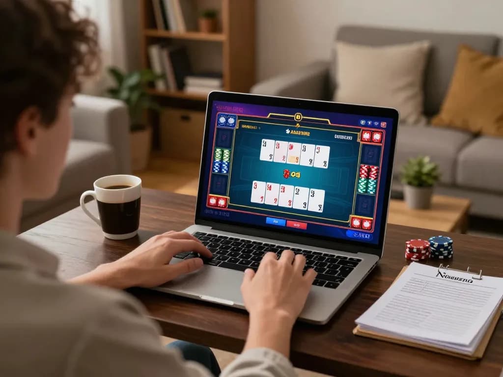 Engaging online gaming moment at home with dh88 poker strategy, warm lighting, and cozy atmosphere