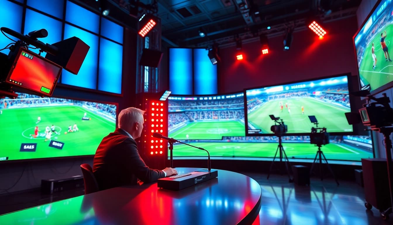 Engaging sports broadcasting studio setup showcasing innovative equipment and live sports highlights.