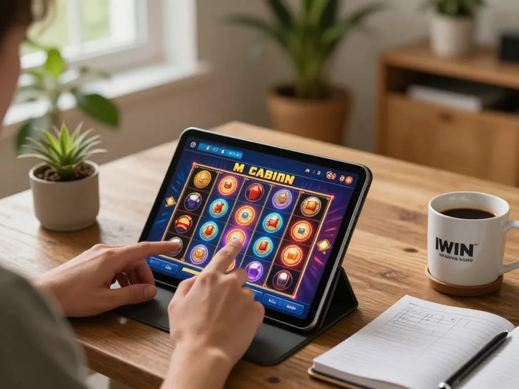 Experience thrilling gaming with IWIN's app showcasing exciting slot machine wins in a cozy atmosphere
