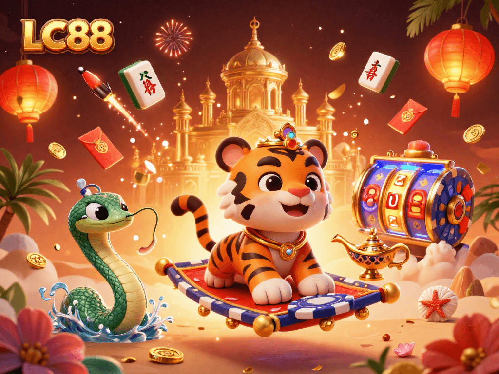 Experience the thrill of LC88 as the tiger sultan on a poker carpet, surrounded by casino magic.