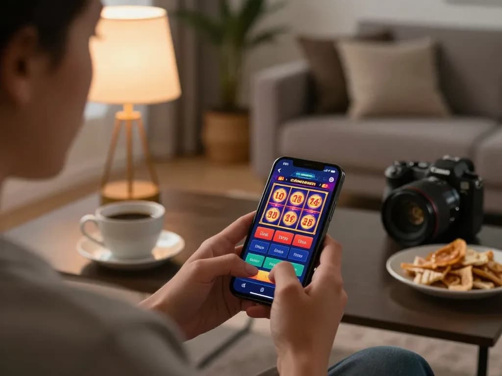 Player enjoying online gaming at nk88 com with smartphone in cozy living room