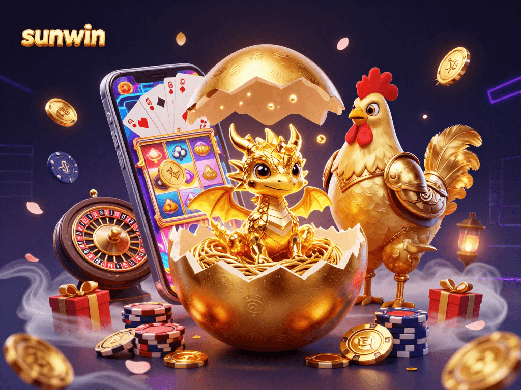 Win big with sunwin's vibrant casino scene featuring golden dragon and poker chips.