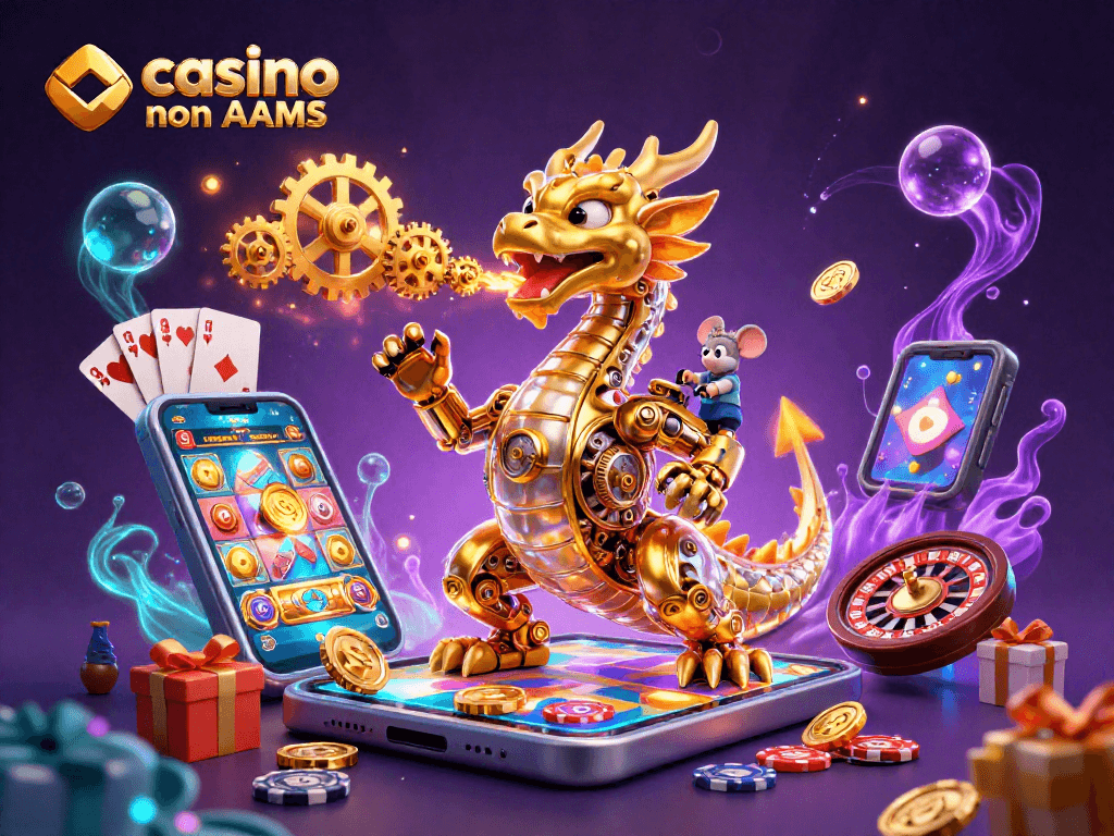 Giocare nei casino online non AAMS con un drago di carne e ossa che emette ingranaggi dorati.