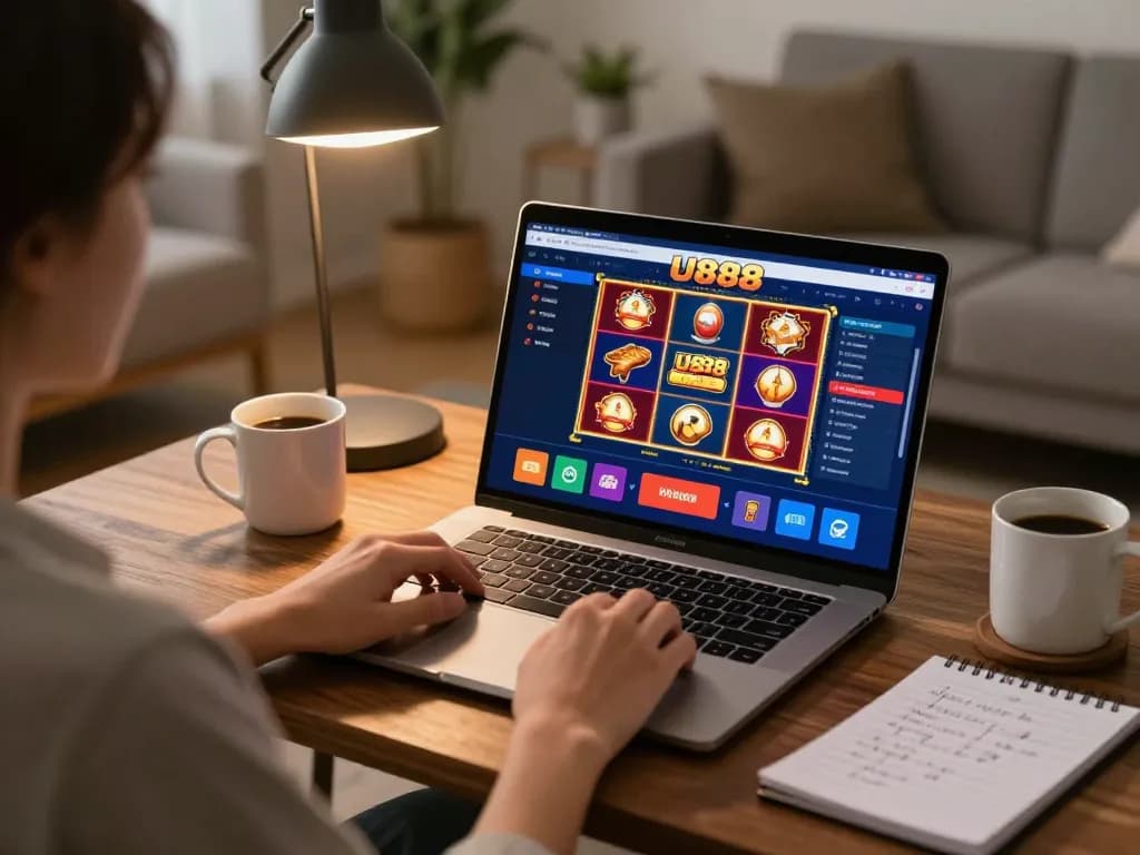 Playing U888 online slots on a modern laptop in a cozy home setting