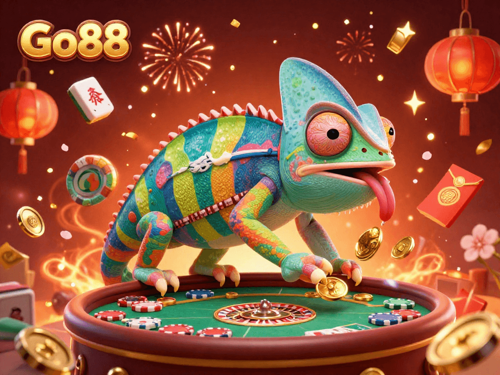 Go88 captivates players with a vibrant chameleon casino owner amidst festive elements in a thrilling 3D scene.