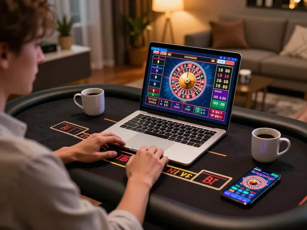 Player engaging with live dealer roulette game on laptop at home, showcasing tr88s' exciting online casino atmosphere