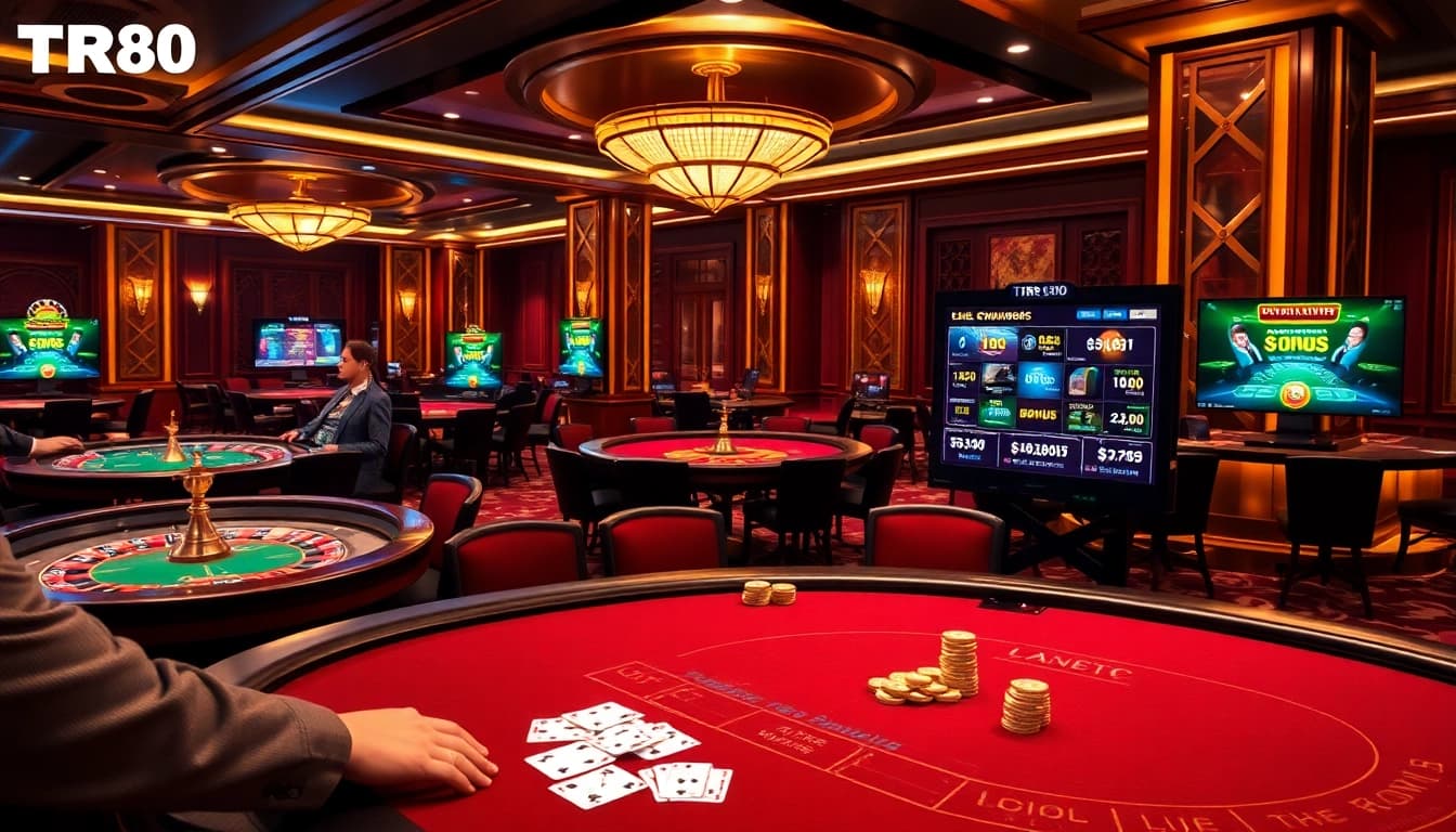 Experience the luxury of TR88 casino with players at a blackjack table and a spinning roulette wheel.
