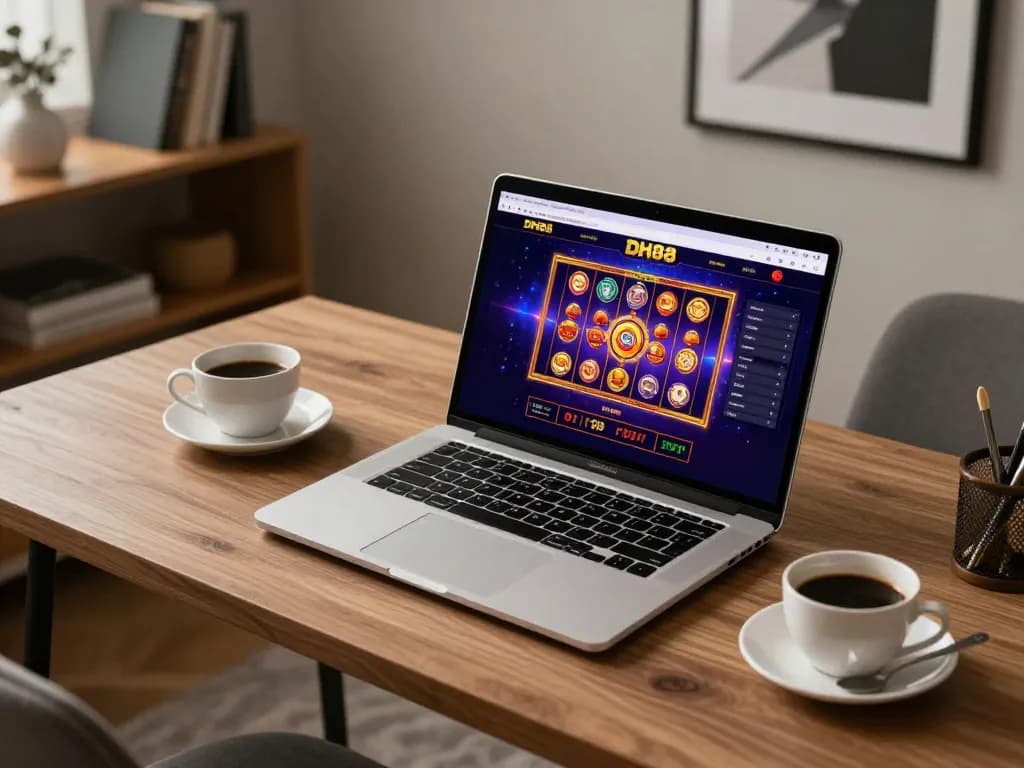 Engaging in a thrilling game on DH88 com with a laptop and cozy ambiance.