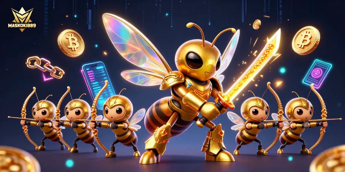 Play to win big with MASKOKI889 in this vibrant 3D casino adventure illustration filled with crypto elements.