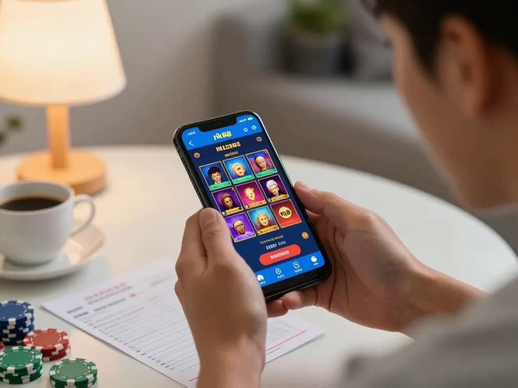 Engaging gameplay on smartphone showcasing tải game rik88 in a cozy home environment, highlighting a strategic online gambling experience.