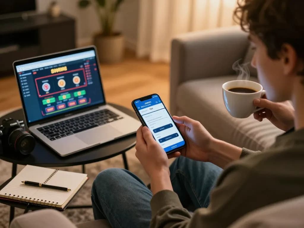 SUNWIN player enjoying online gaming strategy on a smartphone in a cozy living room
