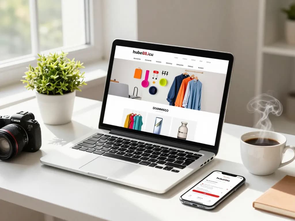 Stylish online shopping setup featuring https://hubet88.icu/ with vibrant products, laptop, coffee, and natural light.